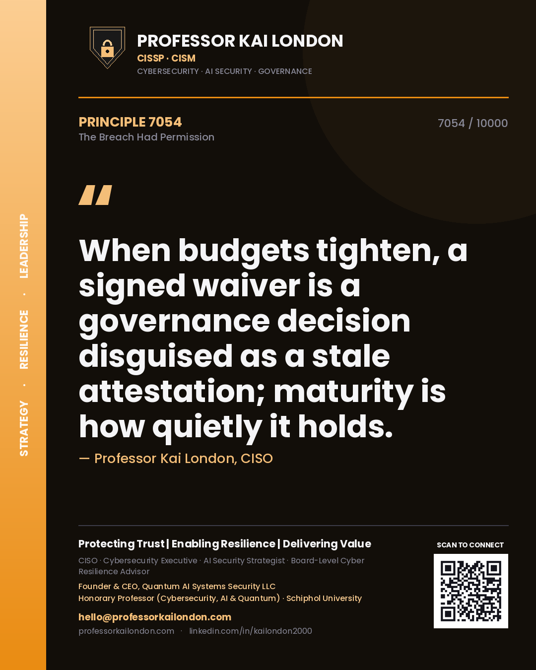 Professor Kai London principle 7054: When budgets tighten, a signed waiver is a governance decision disguised as a stale attestation; maturity is how quietly it holds.