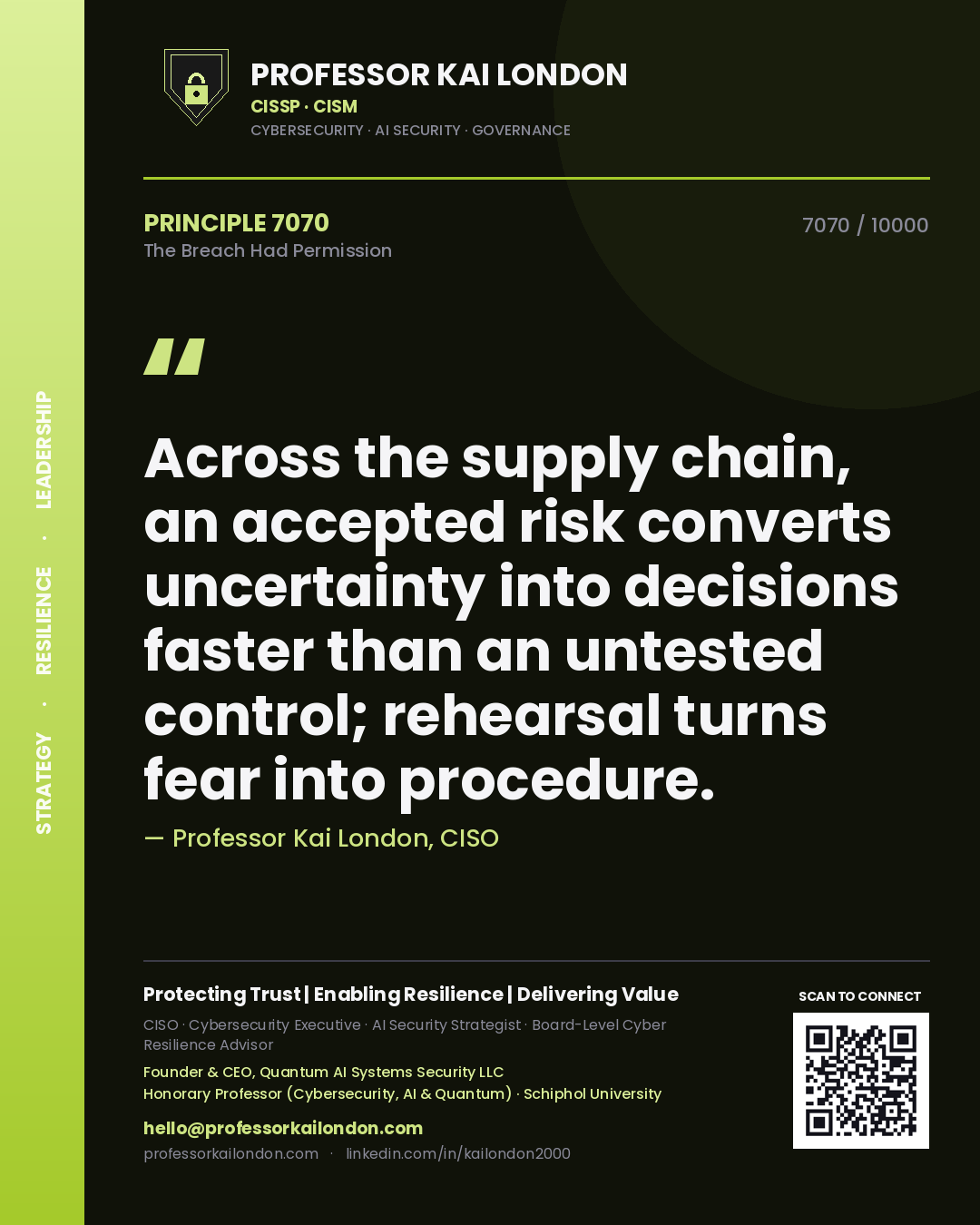 Professor Kai London principle 7070: Across the supply chain, an accepted risk converts uncertainty into decisions faster than an untested control; rehearsal turns fear into procedure.