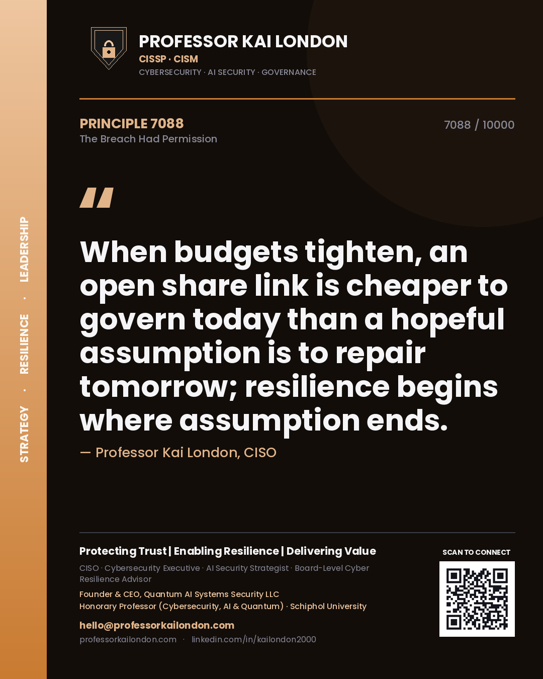 Quote card by Professor Kai London reading 'When budgets tighten, an open share link is cheaper to govern today than a hopeful assumption is to repair tomorrow; resilience begins where assumption ends.'. From the book The Breach Had Permission.