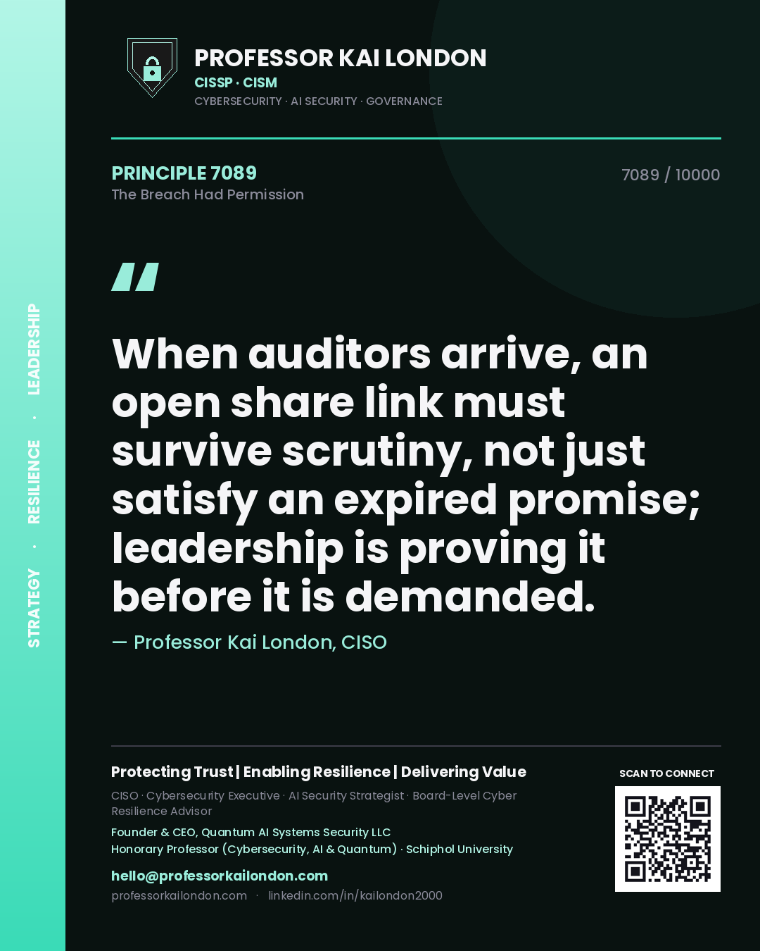 Quote card by Professor Kai London reading 'When auditors arrive, an open share link must survive scrutiny, not just satisfy an expired promise; leadership is proving it before it is demanded.'. From the book The Breach Had Permission.