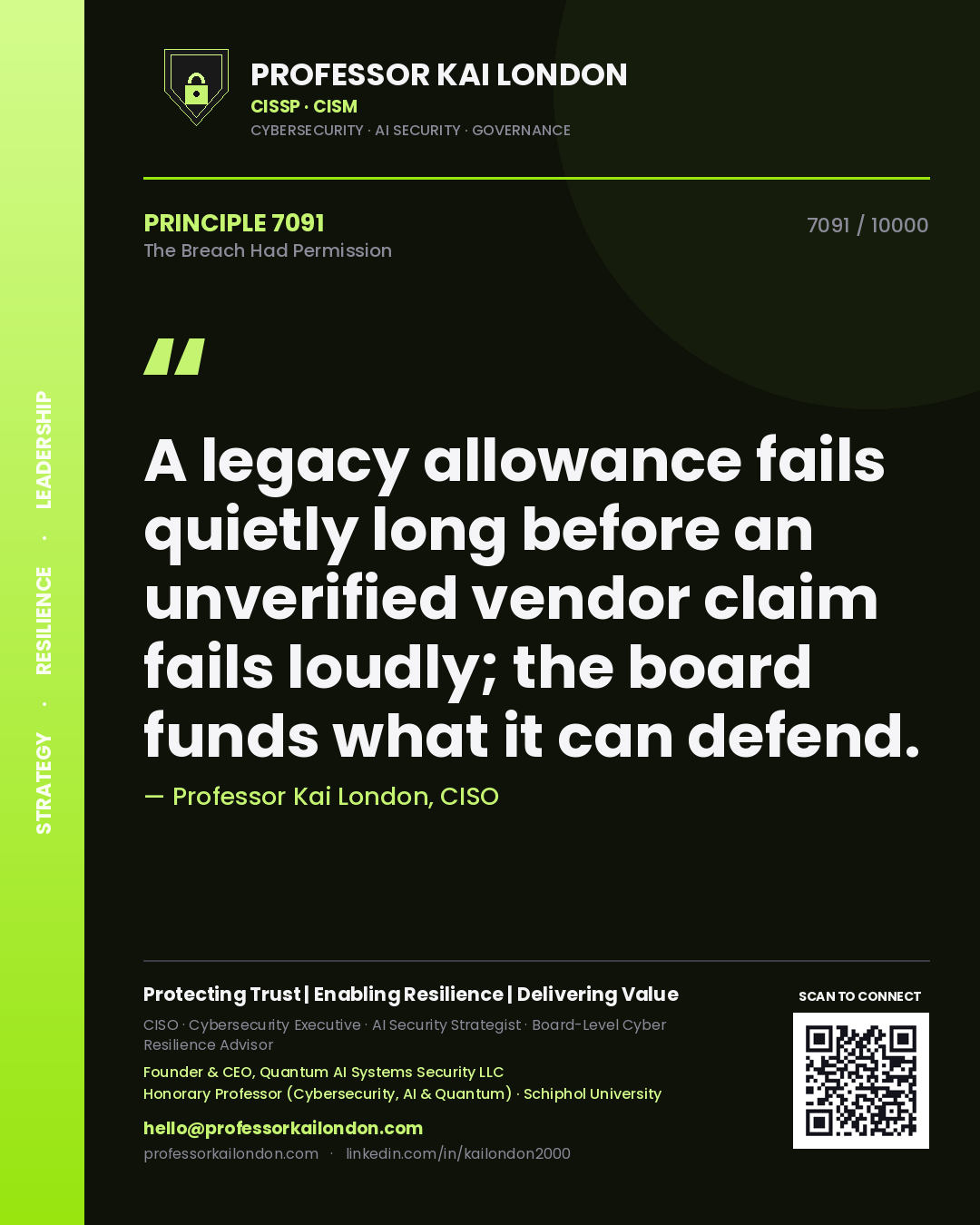 Quote card by Professor Kai London reading 'A legacy allowance fails quietly long before an unverified vendor claim fails loudly; the board funds what it can defend.'. From the book The Breach Had Permission.