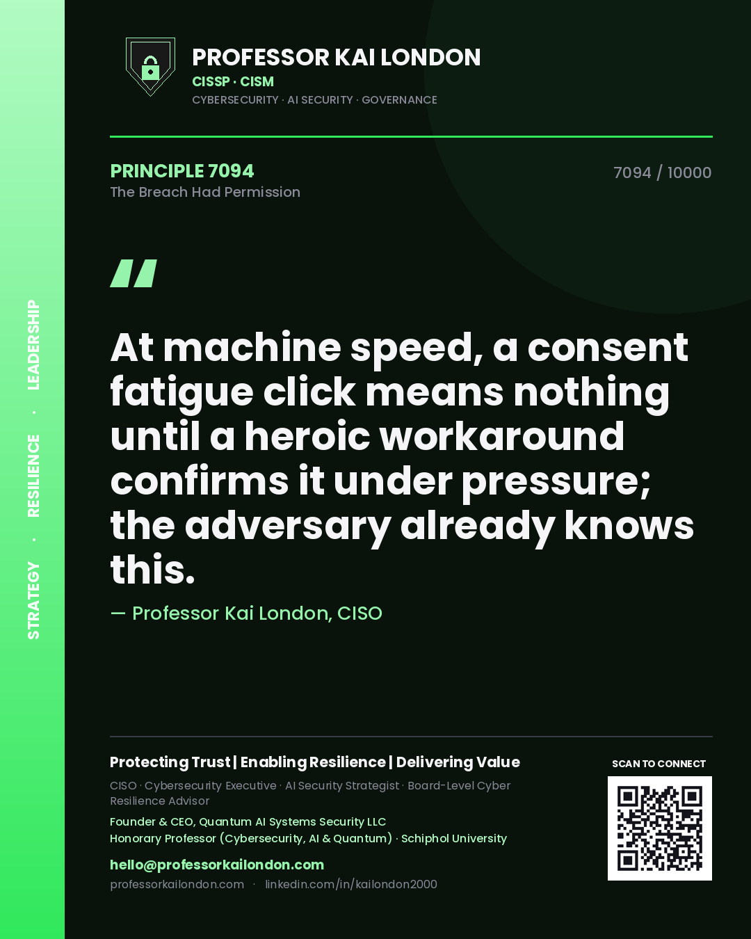 Professor Kai London principle 7094: At machine speed, a consent fatigue click means nothing until a heroic workaround confirms it under pressure; the adversary already knows this.