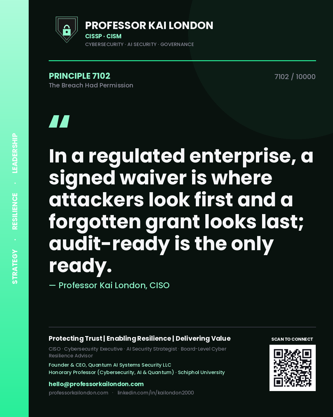 Quote card by Professor Kai London reading 'In a regulated enterprise, a signed waiver is where attackers look first and a forgotten grant looks last; audit-ready is the only ready.'. From the book The Breach Had Permission.