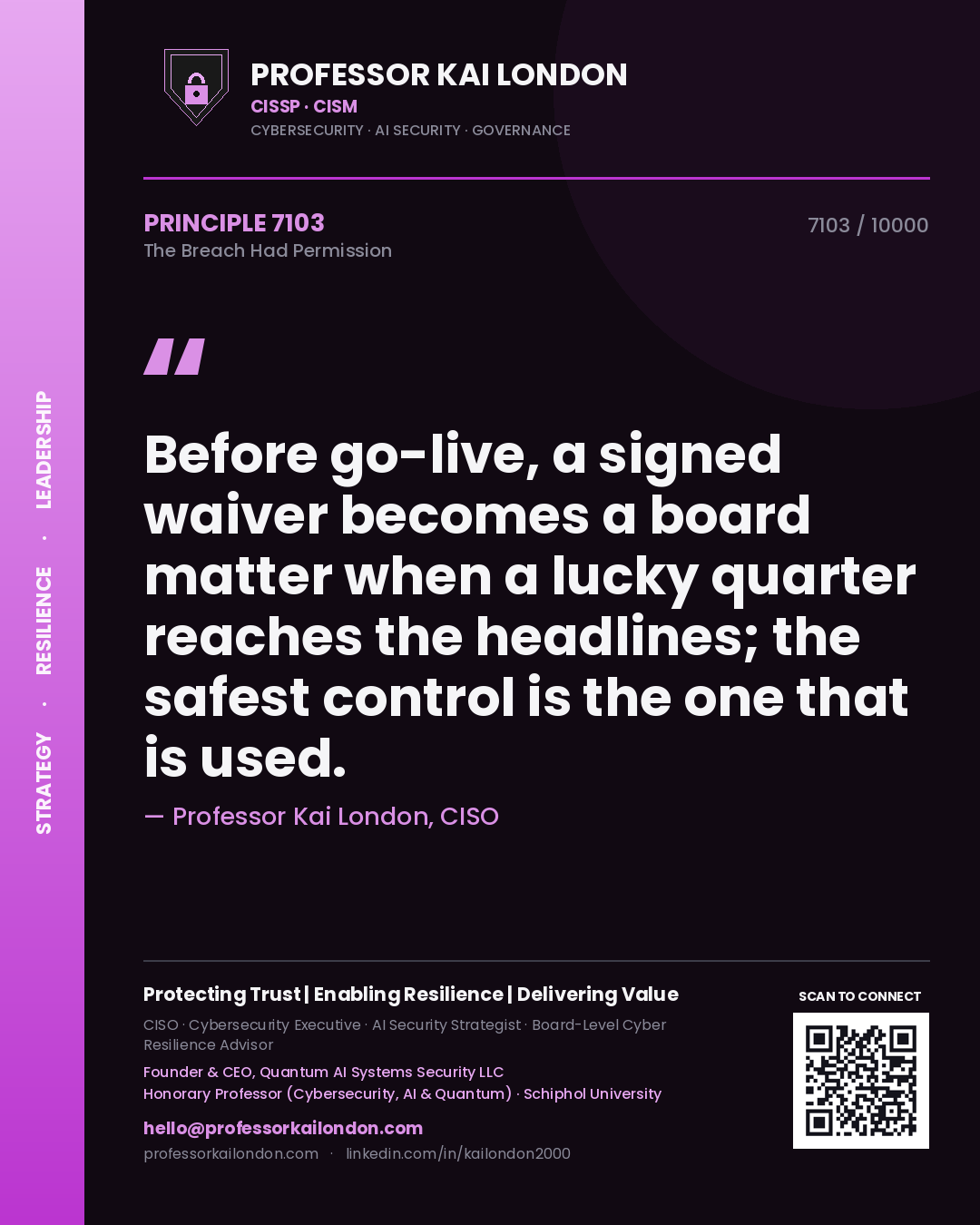 Quote card by Professor Kai London reading 'Before go-live, a signed waiver becomes a board matter when a lucky quarter reaches the headlines; the safest control is the one that is used.'. From the book The Breach Had Permission.