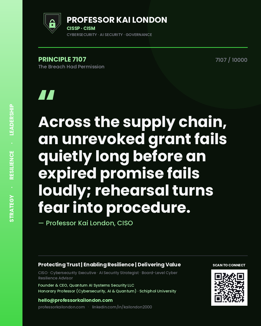 Quote card by Professor Kai London reading 'Across the supply chain, an unrevoked grant fails quietly long before an expired promise fails loudly; rehearsal turns fear into procedure.'. From the book The Breach Had Permission.