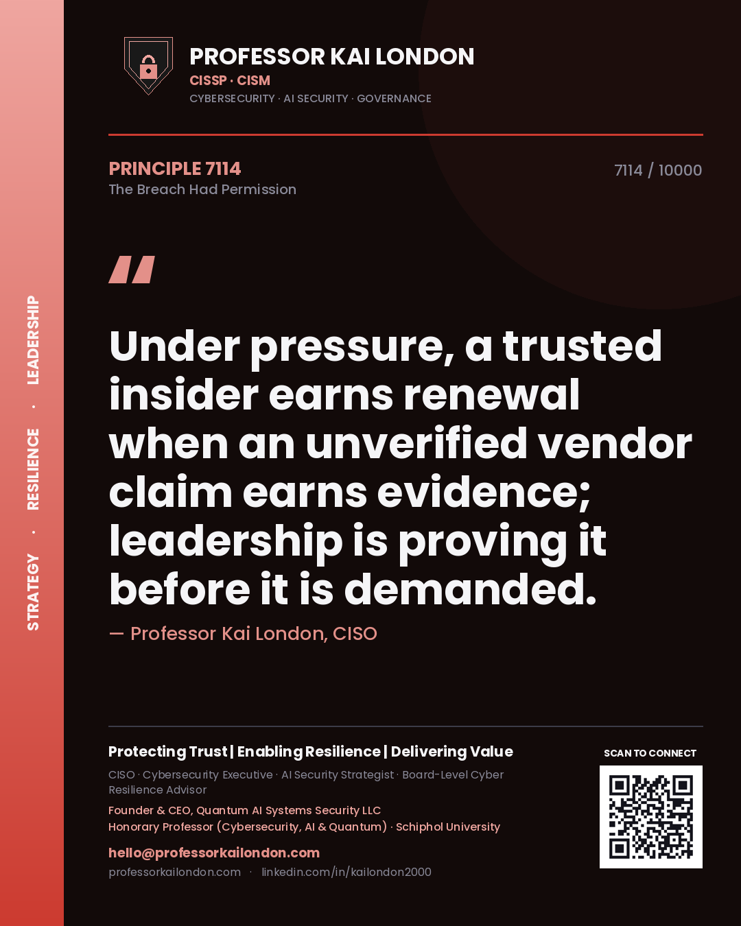 Professor Kai London principle 7114: Under pressure, a trusted insider earns renewal when an unverified vendor claim earns evidence; leadership is proving it before it is demanded.