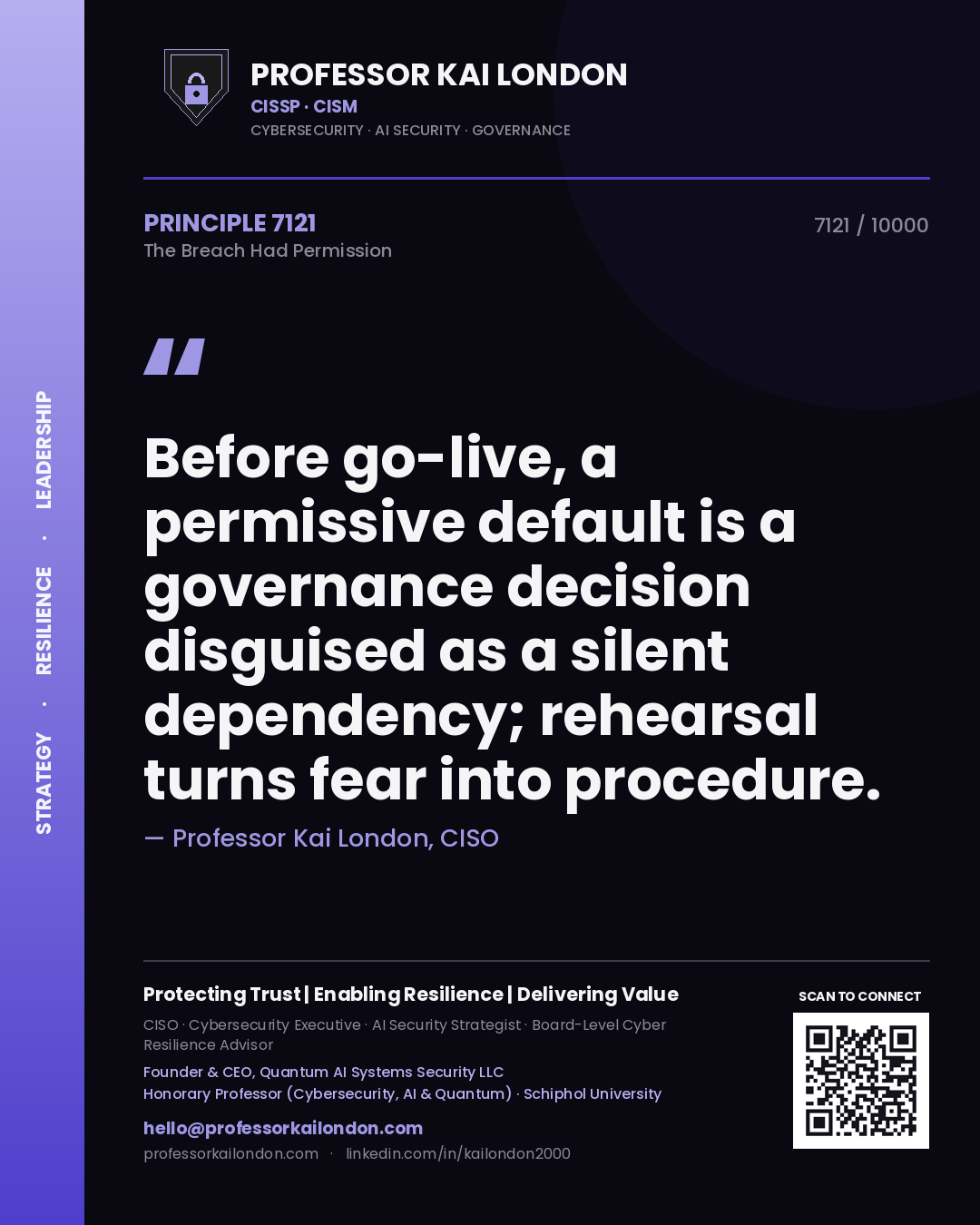 Quote card by Professor Kai London reading 'Before go-live, a permissive default is a governance decision disguised as a silent dependency; rehearsal turns fear into procedure.'. From the book The Breach Had Permission.