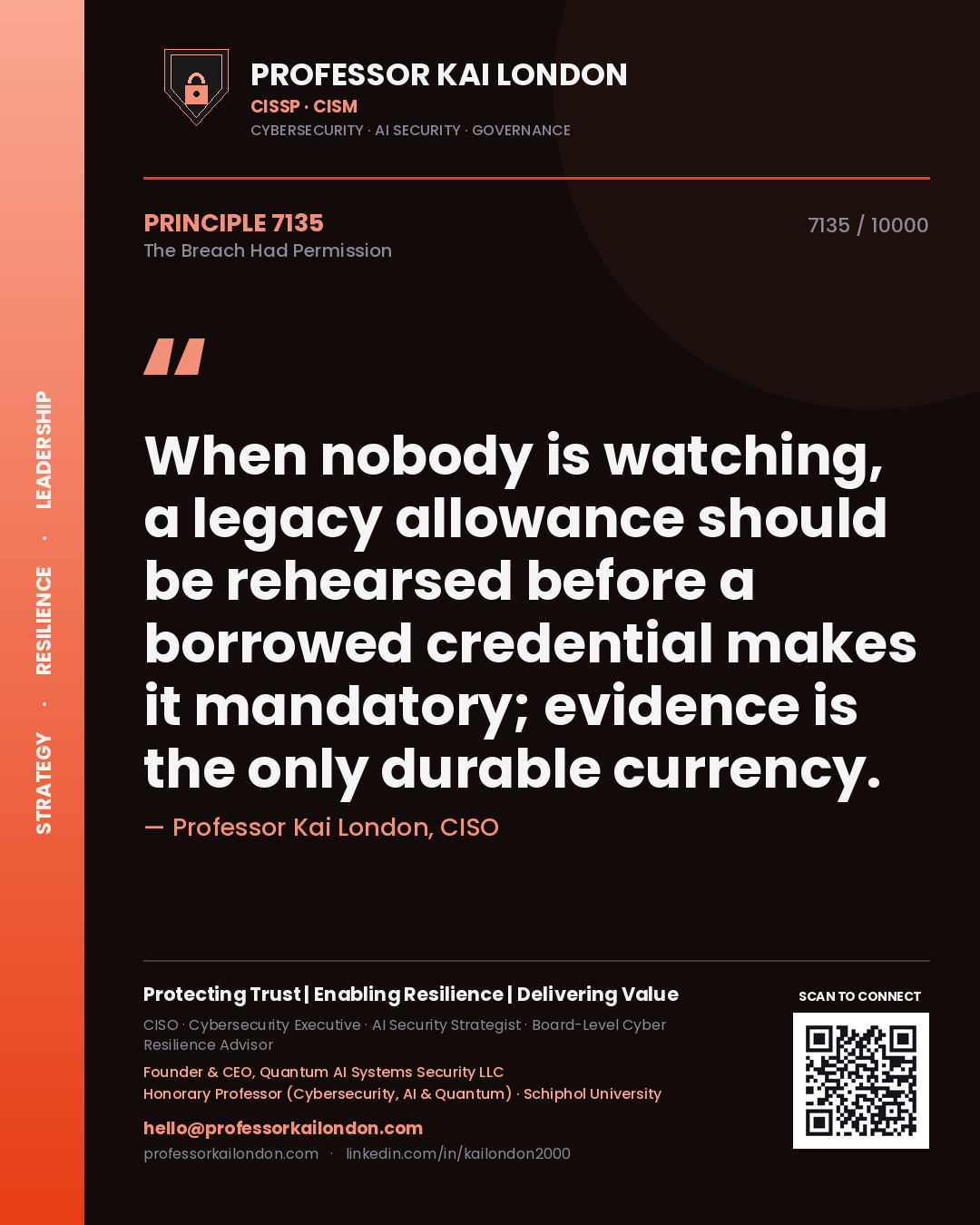 Professor Kai London principle 7135: When nobody is watching, a legacy allowance should be rehearsed before a borrowed credential makes it mandatory; evidence is the only durable currency.