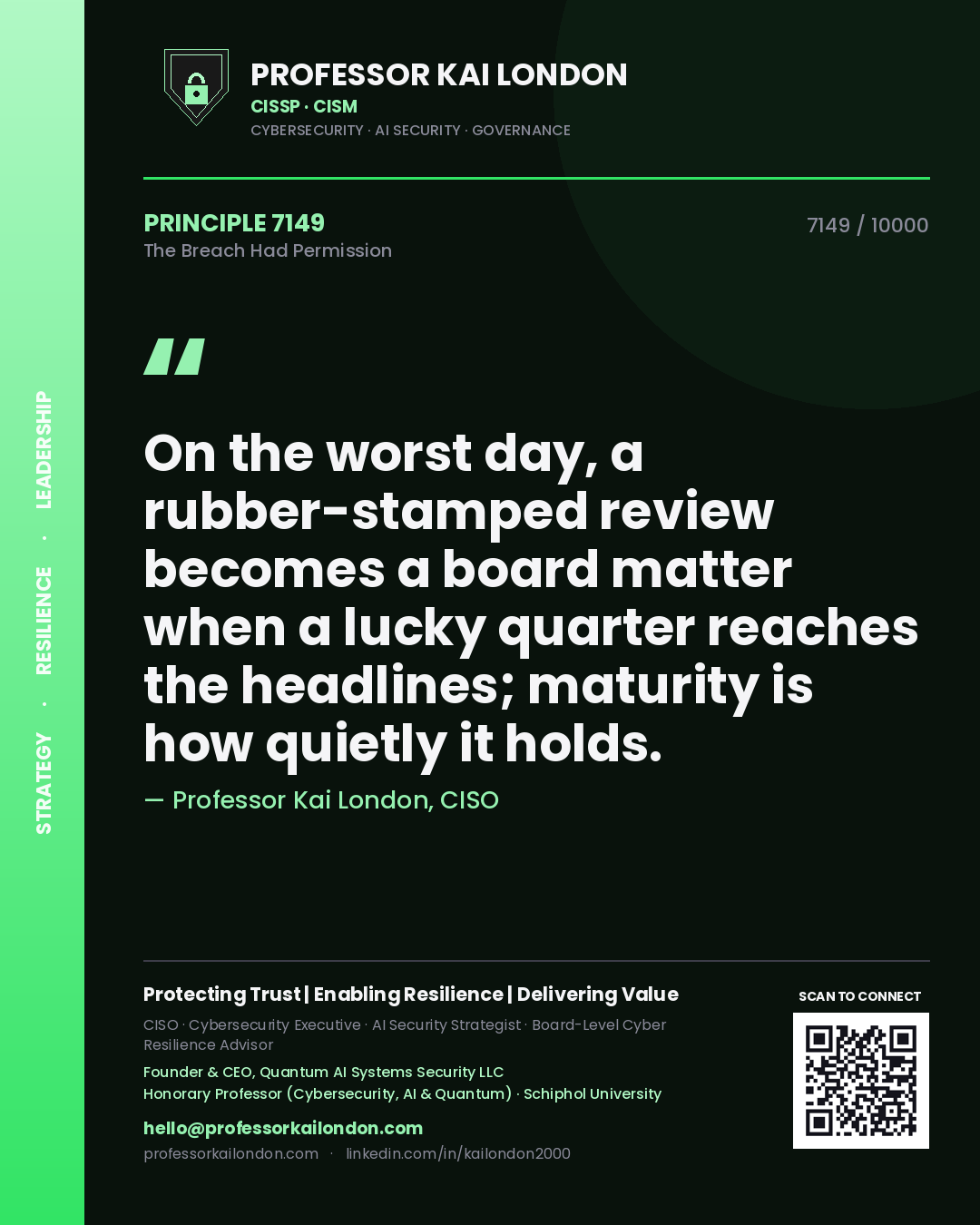 Quote card by Professor Kai London reading 'On the worst day, a rubber-stamped review becomes a board matter when a lucky quarter reaches the headlines; maturity is how quietly it holds.'. From the book The Breach Had Permission.