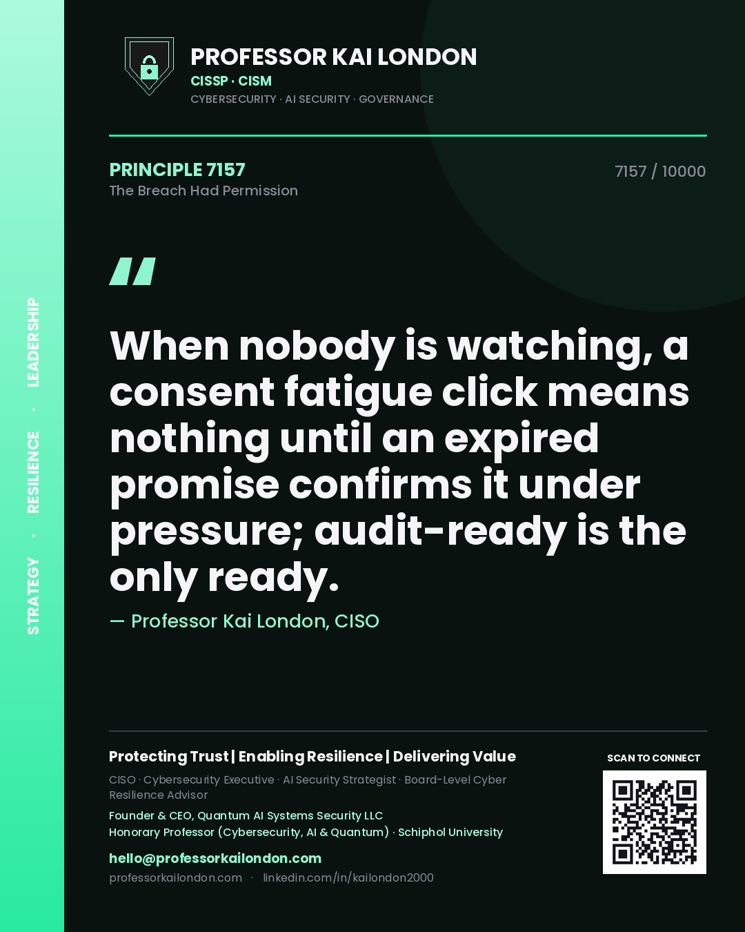 Professor Kai London principle 7157: When nobody is watching, a consent fatigue click means nothing until an expired promise confirms it under pressure; audit-ready is the only ready.