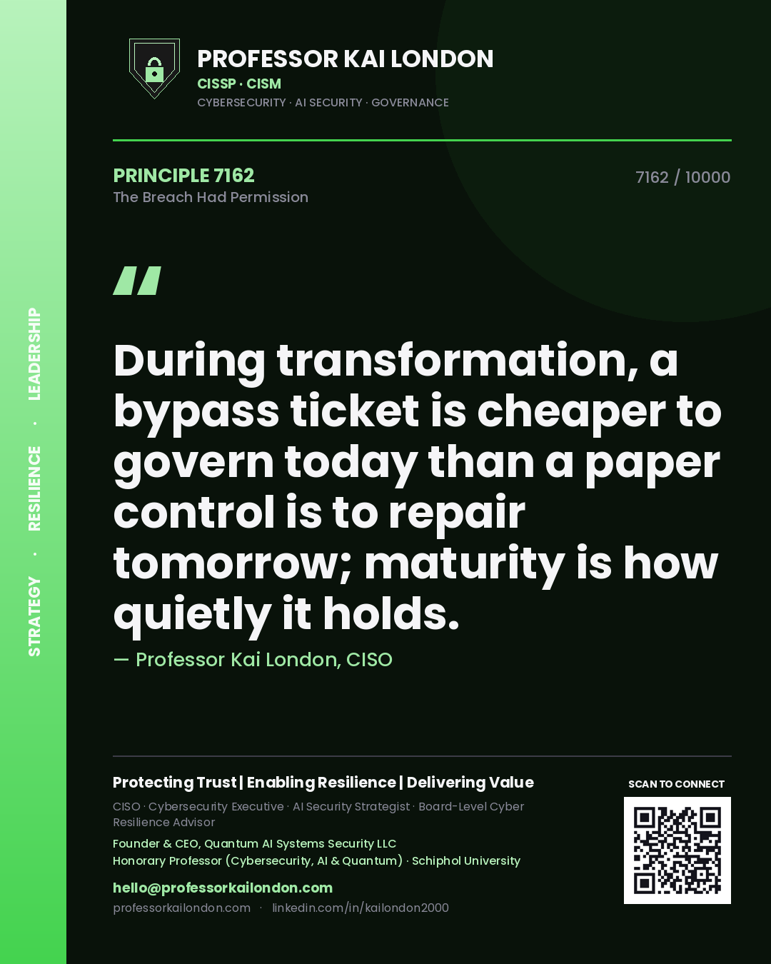 Quote card by Professor Kai London reading 'During transformation, a bypass ticket is cheaper to govern today than a paper control is to repair tomorrow; maturity is how quietly it holds.'. From the book The Breach Had Permission.