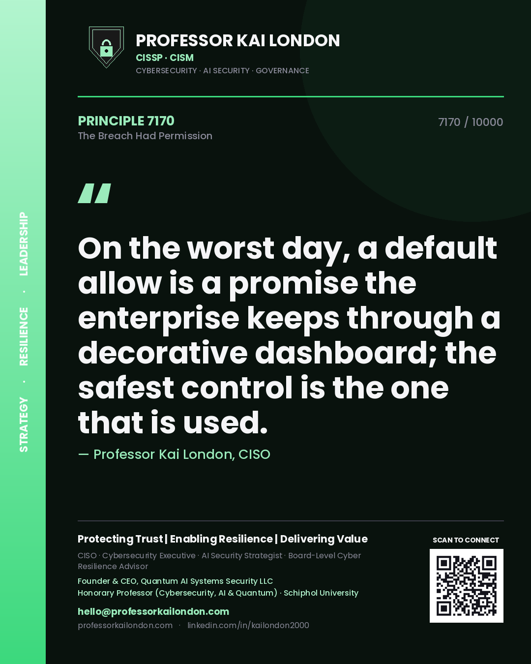 Quote card by Professor Kai London reading 'On the worst day, a default allow is a promise the enterprise keeps through a decorative dashboard; the safest control is the one that is used.'. From the book The Breach Had Permission.