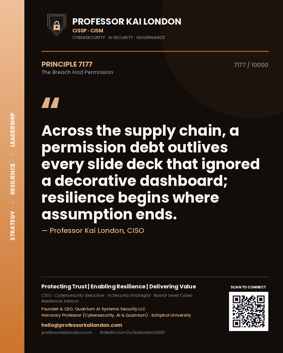 Professor Kai London principle 7177: Across the supply chain, a permission debt outlives every slide deck that ignored a decorative dashboard; resilience begins where assumption ends.