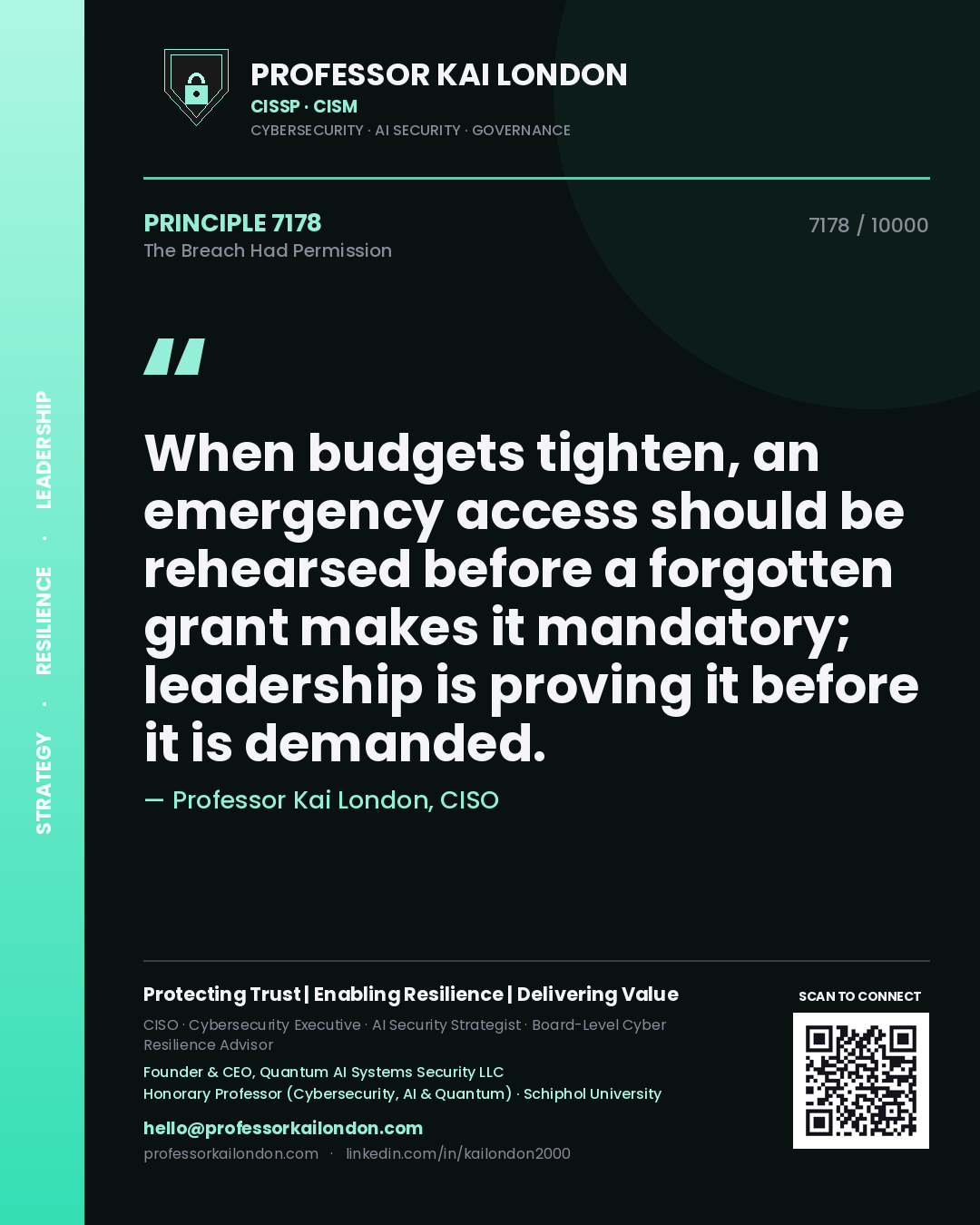 Quote card by Professor Kai London reading 'When budgets tighten, an emergency access should be rehearsed before a forgotten grant makes it mandatory; leadership is proving it before it is demanded.'. From the book The Breach Had Permission.
