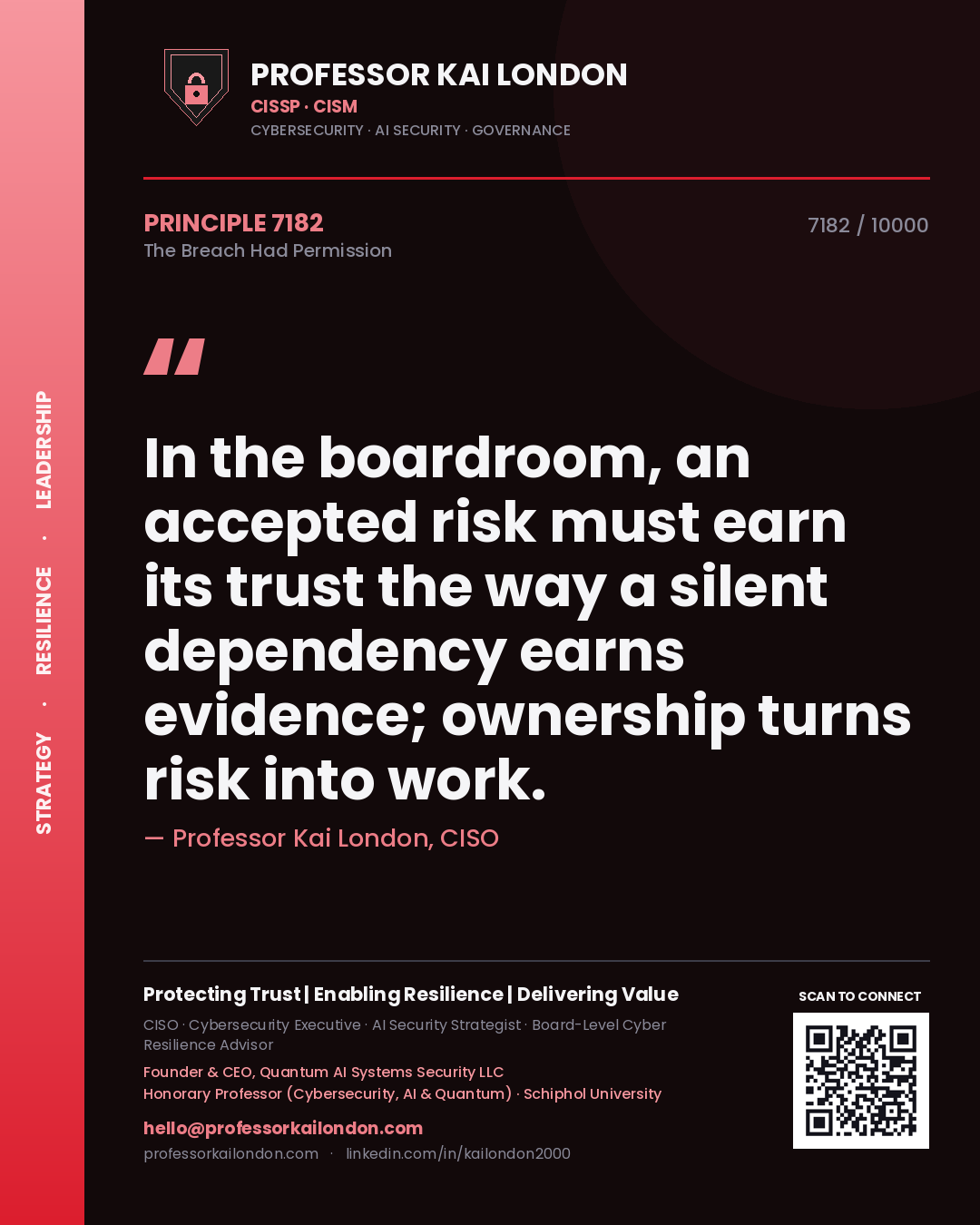Quote card by Professor Kai London reading 'In the boardroom, an accepted risk must earn its trust the way a silent dependency earns evidence; ownership turns risk into work.'. From the book The Breach Had Permission.