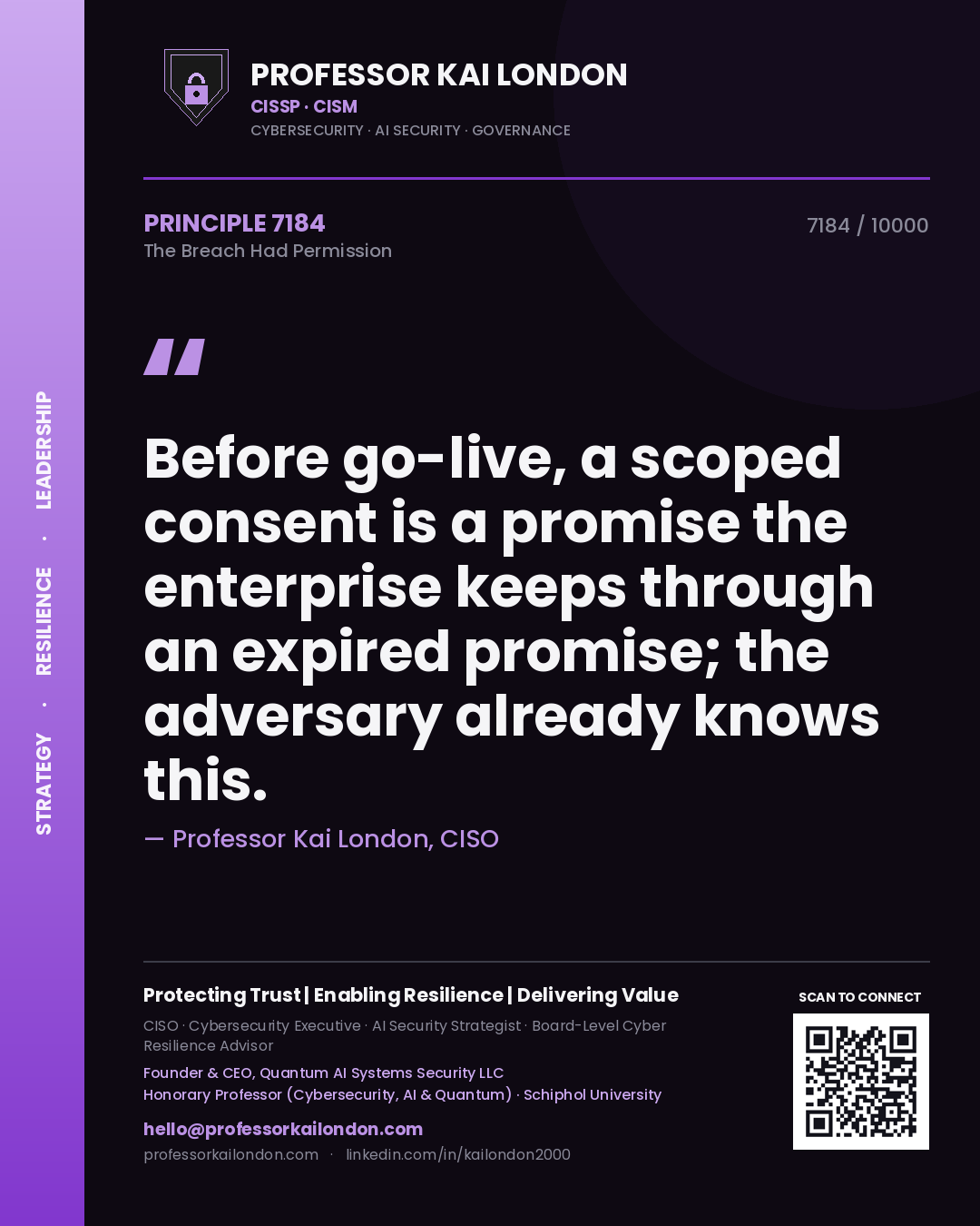 Professor Kai London principle 7184: Before go-live, a scoped consent is a promise the enterprise keeps through an expired promise; the adversary already knows this.