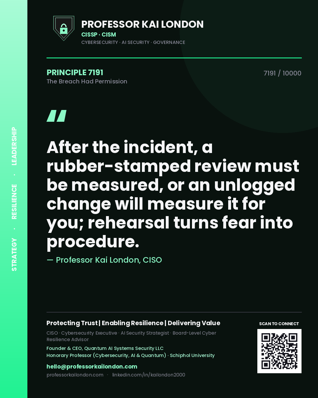 Quote card by Professor Kai London reading 'After the incident, a rubber-stamped review must be measured, or an unlogged change will measure it for you; rehearsal turns fear into procedure.'. From the book The Breach Had Permission.
