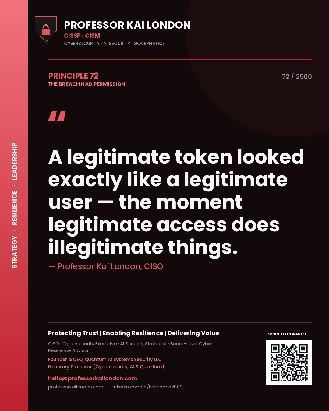 Quote card by Professor Kai London reading 'A legitimate token looked exactly like a legitimate user — the moment legitimate access does illegitimate things.'. From the book The Breach Had Permission.