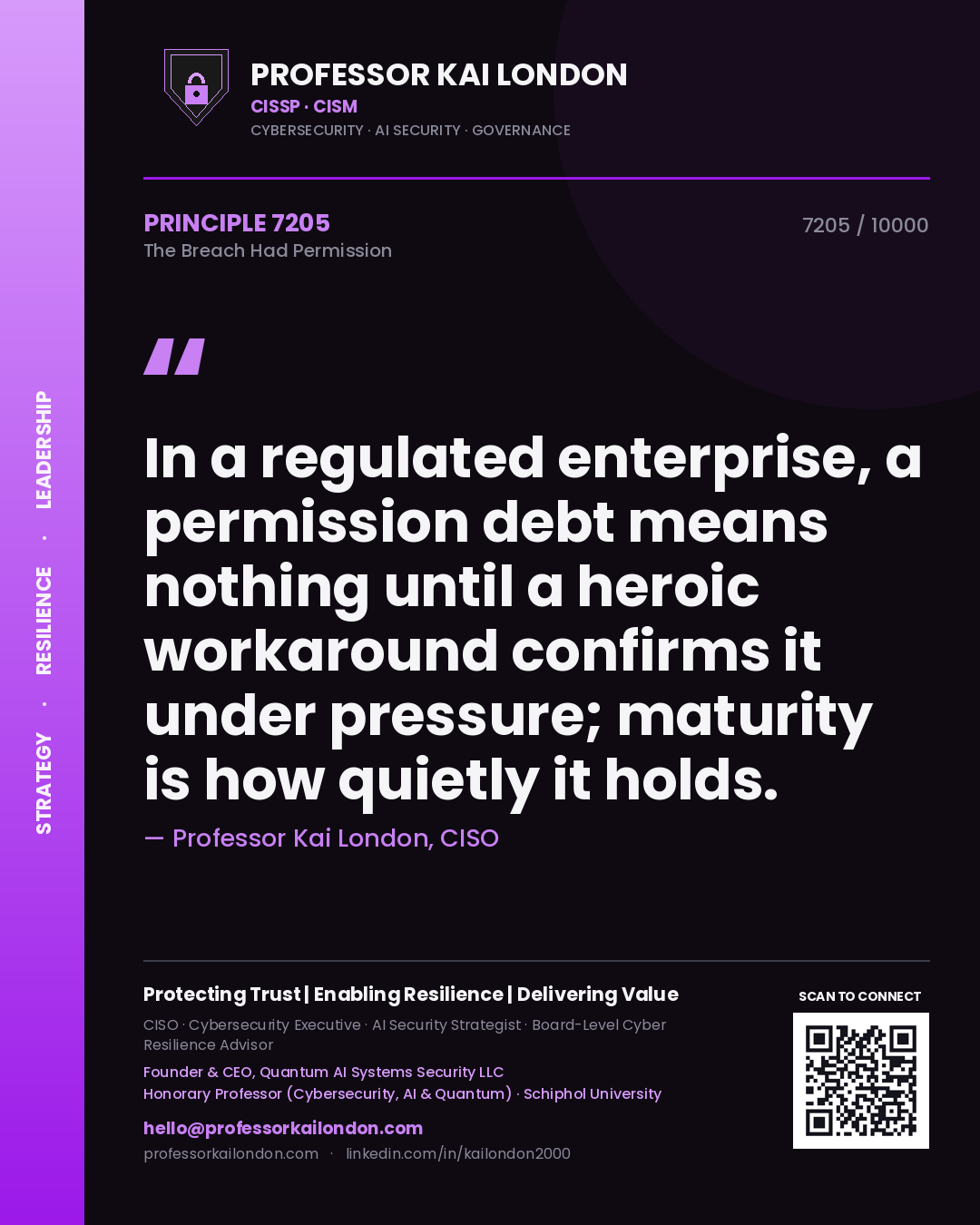 Quote card by Professor Kai London reading 'In a regulated enterprise, a permission debt means nothing until a heroic workaround confirms it under pressure; maturity is how quietly it holds.'. From the book The Breach Had Permission.