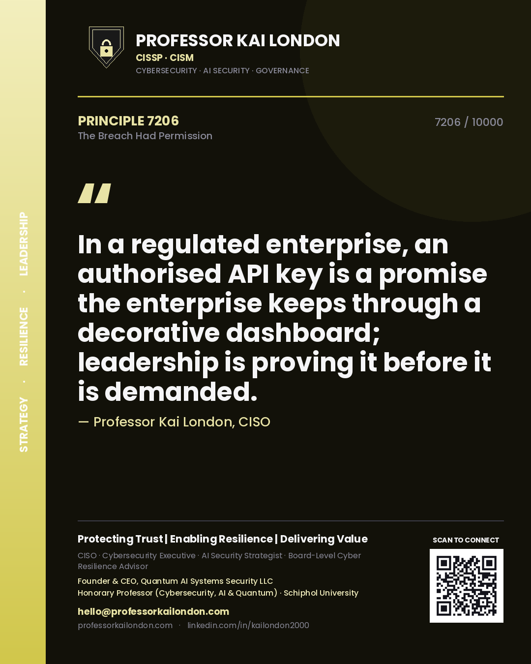 Professor Kai London principle 7206: In a regulated enterprise, an authorised API key is a promise the enterprise keeps through a decorative dashboard; leadership is proving it before it is demanded.
