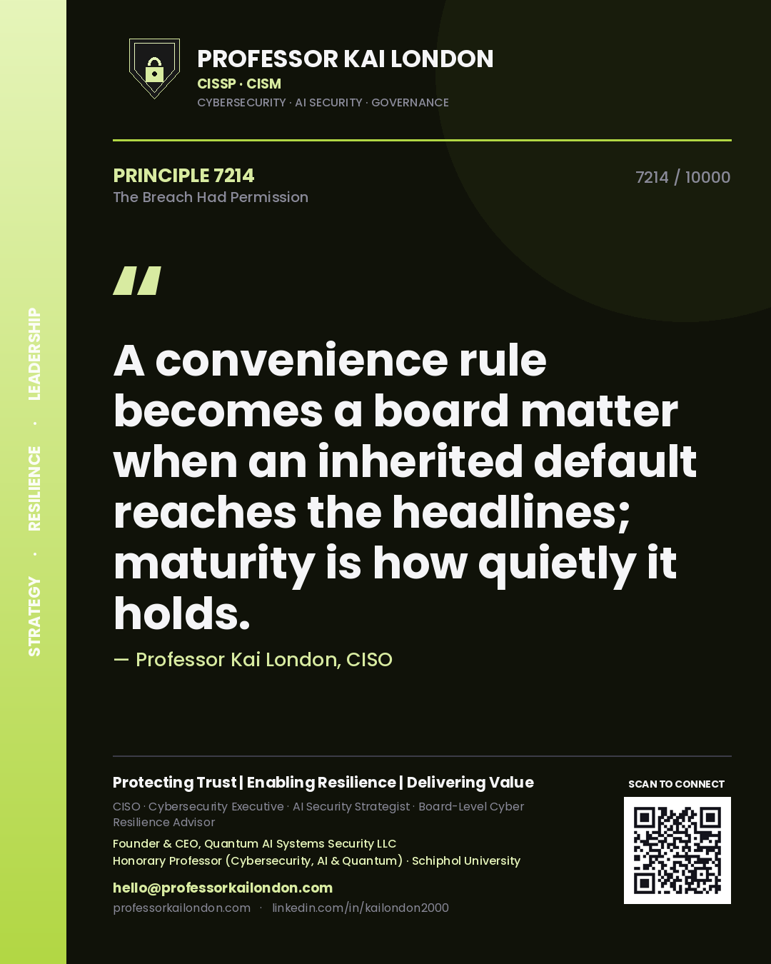 Quote card by Professor Kai London reading 'A convenience rule becomes a board matter when an inherited default reaches the headlines; maturity is how quietly it holds.'. From the book The Breach Had Permission.