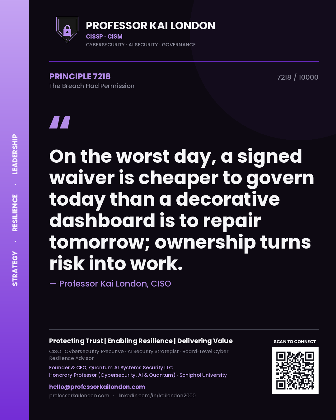 Quote card by Professor Kai London reading 'On the worst day, a signed waiver is cheaper to govern today than a decorative dashboard is to repair tomorrow; ownership turns risk into work.'. From the book The Breach Had Permission.