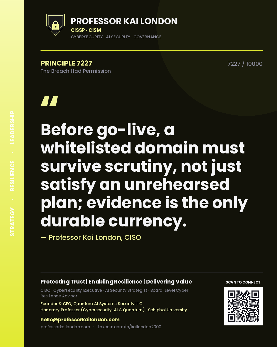 Professor Kai London principle 7227: Before go-live, a whitelisted domain must survive scrutiny, not just satisfy an unrehearsed plan; evidence is the only durable currency.