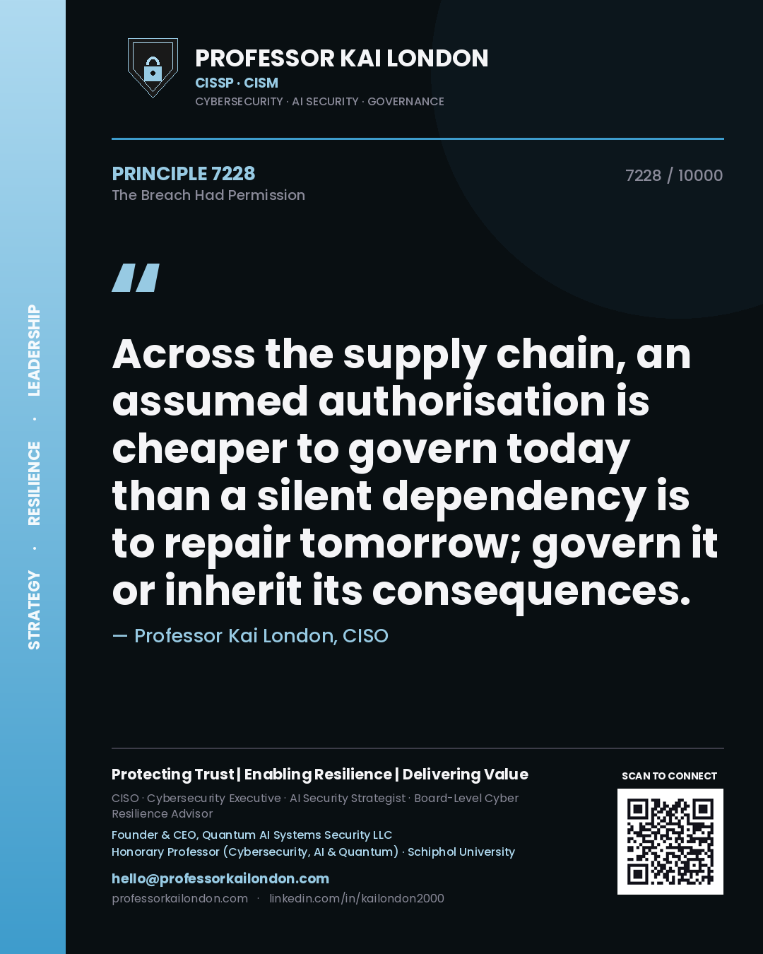 Professor Kai London principle 7228: Across the supply chain, an assumed authorisation is cheaper to govern today than a silent dependency is to repair tomorrow; govern it or inherit its consequences.
