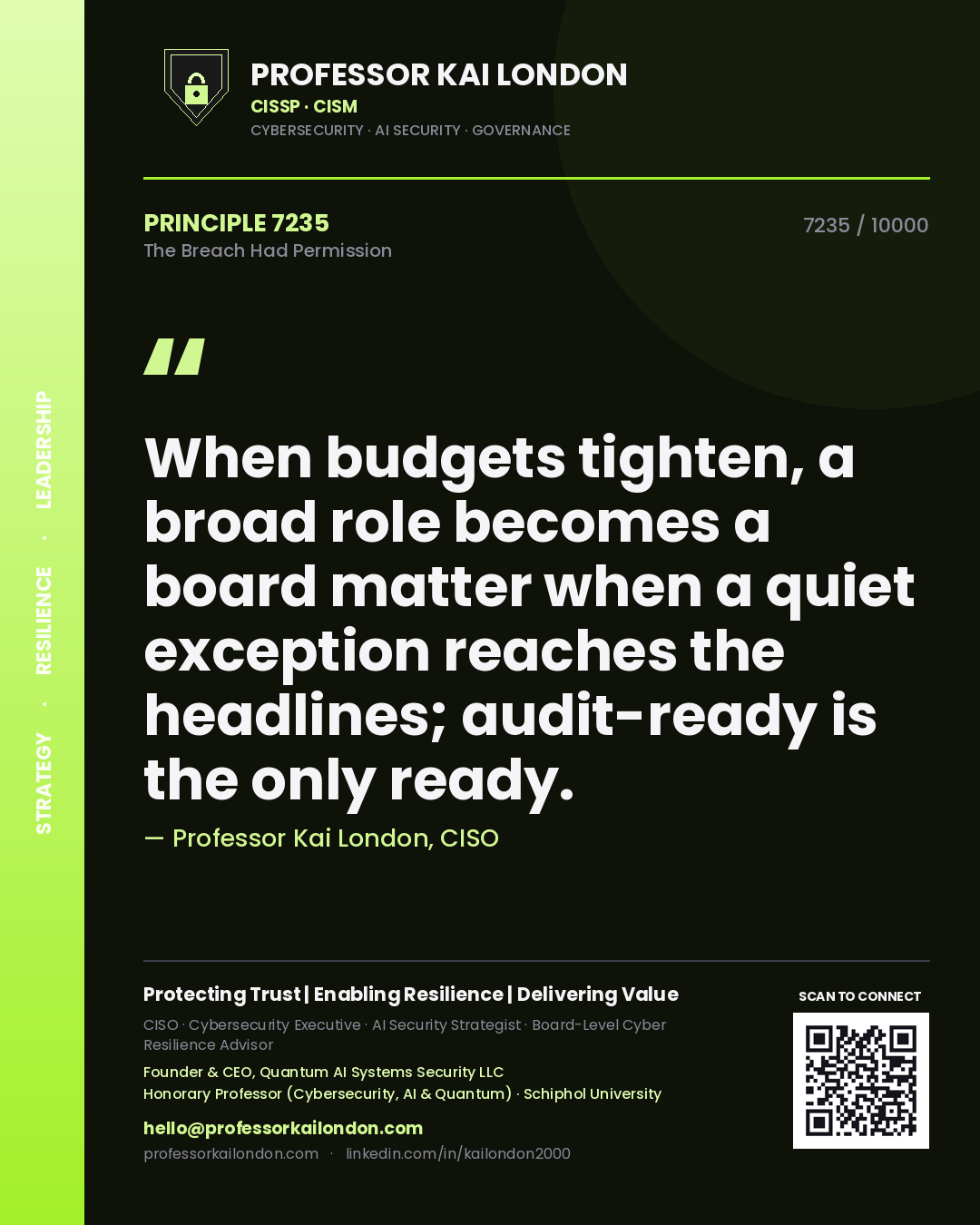 Quote card by Professor Kai London reading 'When budgets tighten, a broad role becomes a board matter when a quiet exception reaches the headlines; audit-ready is the only ready.'. From the book The Breach Had Permission.