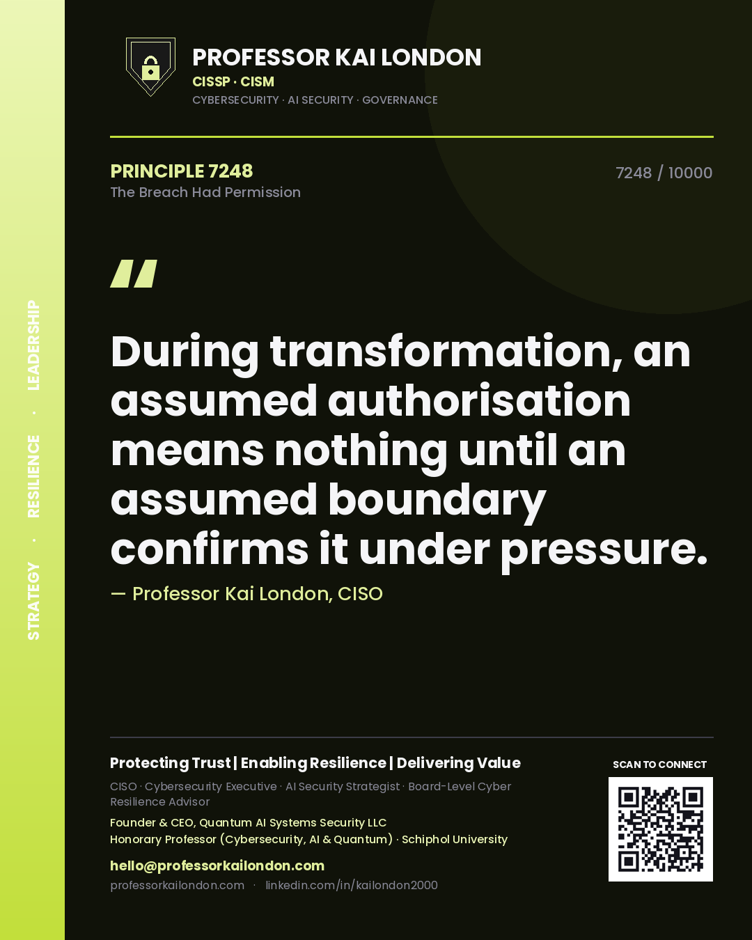 Quote card by Professor Kai London reading 'During transformation, an assumed authorisation means nothing until an assumed boundary confirms it under pressure.'. From the book The Breach Had Permission.