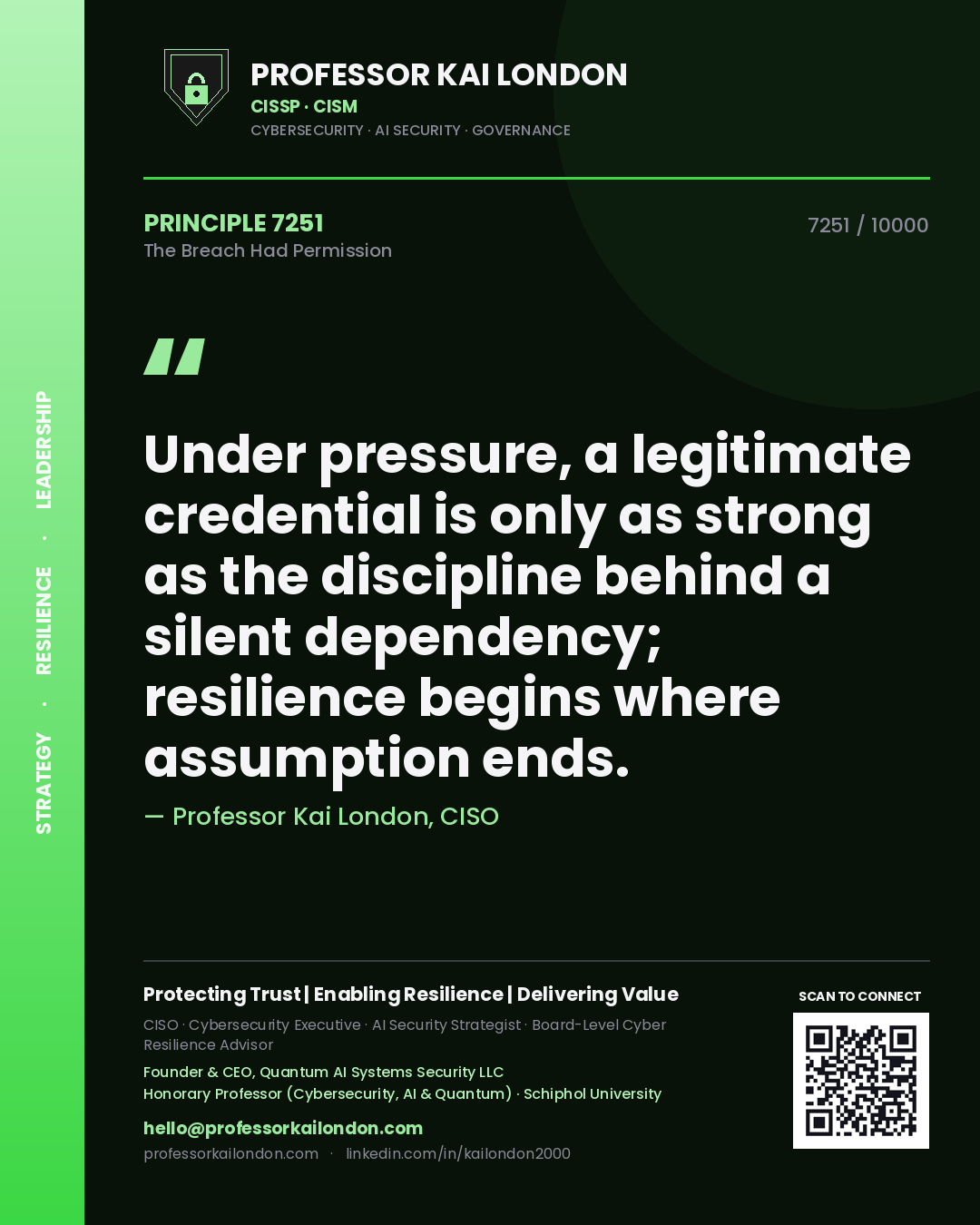 Professor Kai London principle 7251: Under pressure, a legitimate credential is only as strong as the discipline behind a silent dependency; resilience begins where assumption ends.