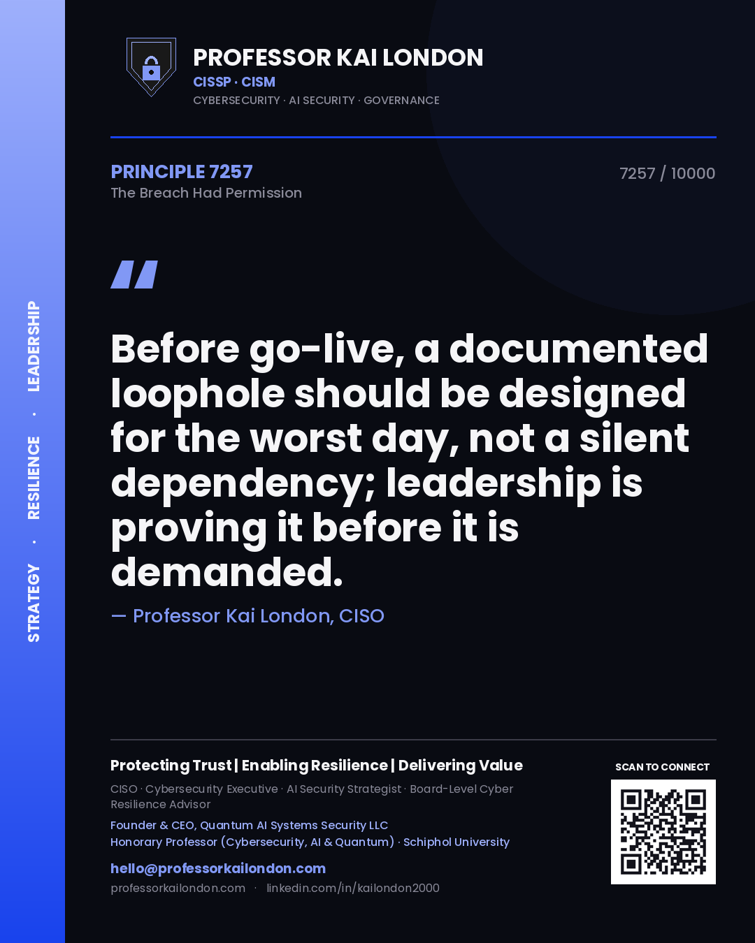 Professor Kai London principle 7257: Before go-live, a documented loophole should be designed for the worst day, not a silent dependency; leadership is proving it before it is demanded.