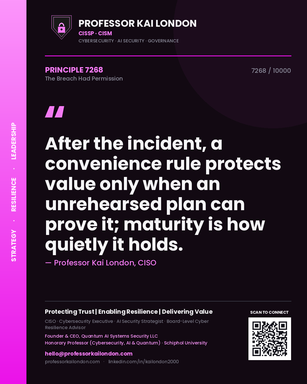Professor Kai London principle 7268: After the incident, a convenience rule protects value only when an unrehearsed plan can prove it; maturity is how quietly it holds.