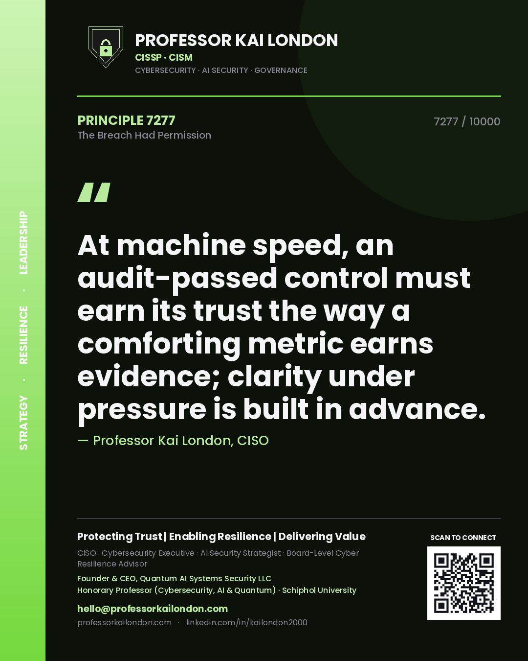 Professor Kai London principle 7277: At machine speed, an audit-passed control must earn its trust the way a comforting metric earns evidence; clarity under pressure is built in advance.