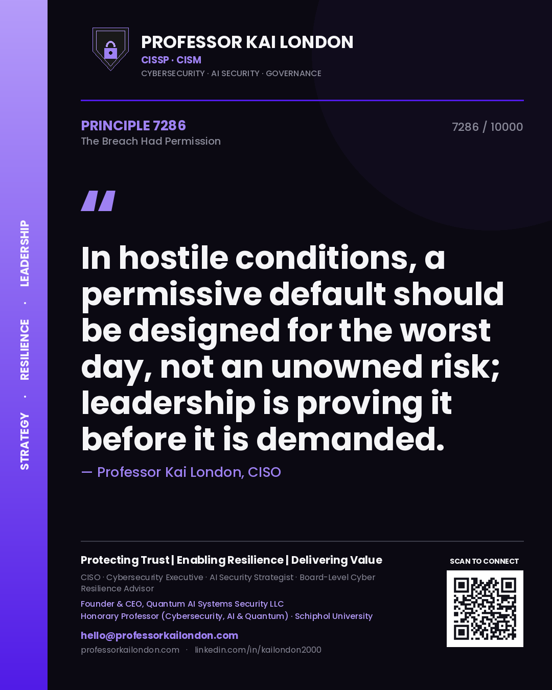 Quote card by Professor Kai London reading 'In hostile conditions, a permissive default should be designed for the worst day, not an unowned risk; leadership is proving it before it is demanded.'. From the book The Breach Had Permission.