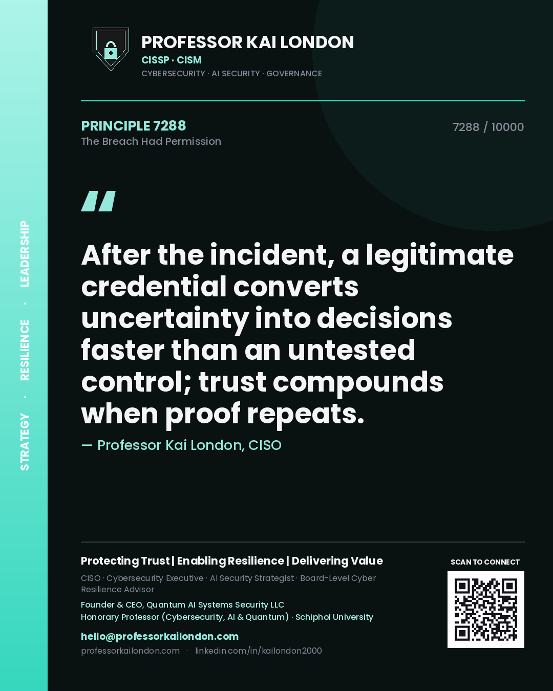 Professor Kai London principle 7288: After the incident, a legitimate credential converts uncertainty into decisions faster than an untested control; trust compounds when proof repeats.