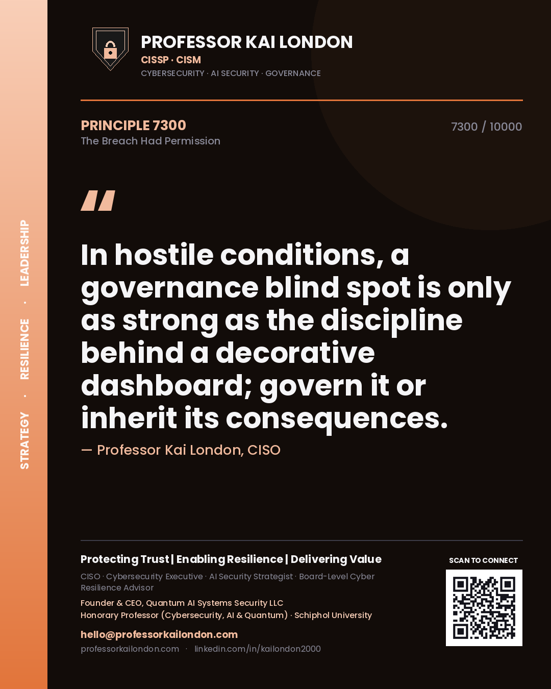 Professor Kai London principle 7300: In hostile conditions, a governance blind spot is only as strong as the discipline behind a decorative dashboard; govern it or inherit its consequences.