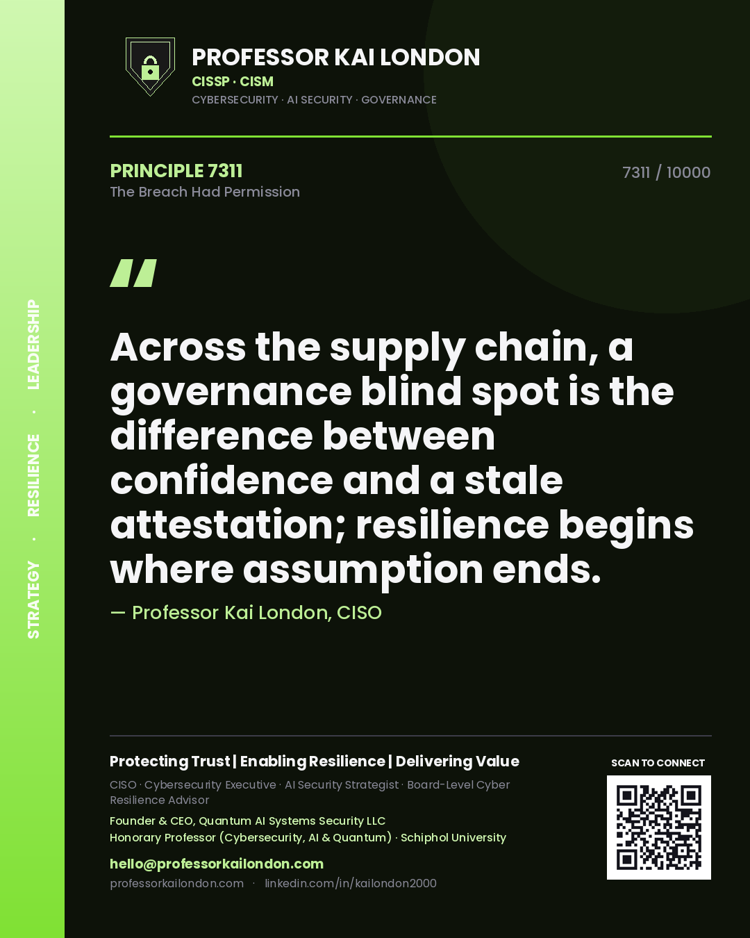 Quote card by Professor Kai London reading 'Across the supply chain, a governance blind spot is the difference between confidence and a stale attestation; resilience begins where assumption ends.'. From the book The Breach Had Permission.