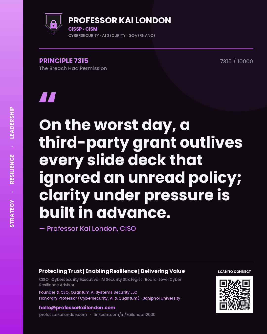 Professor Kai London principle 7315: On the worst day, a third-party grant outlives every slide deck that ignored an unread policy; clarity under pressure is built in advance.