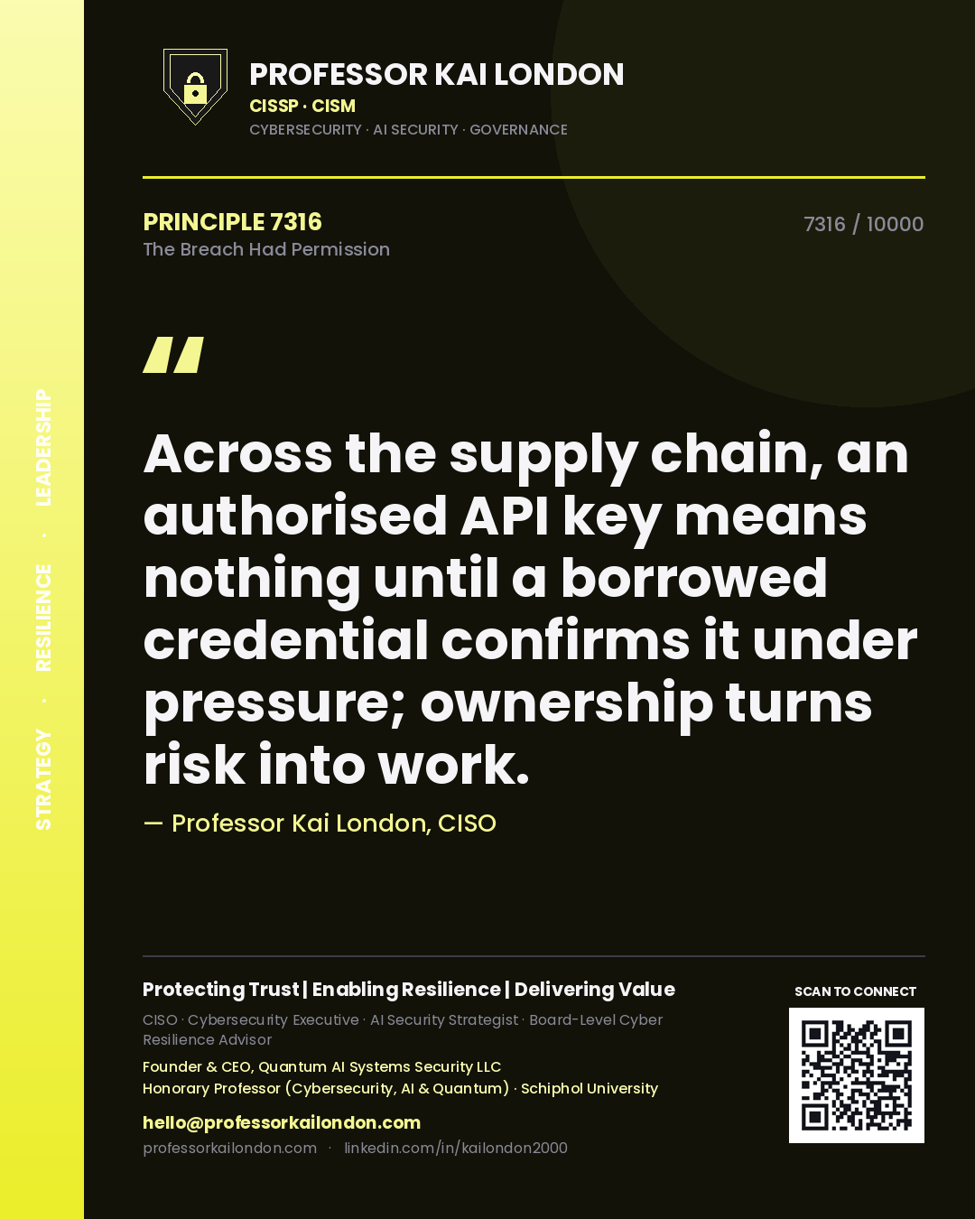 Quote card by Professor Kai London reading 'Across the supply chain, an authorised API key means nothing until a borrowed credential confirms it under pressure; ownership turns risk into work.'. From the book The Breach Had Permission.