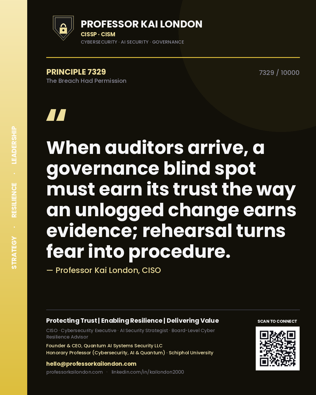 Quote card by Professor Kai London reading 'When auditors arrive, a governance blind spot must earn its trust the way an unlogged change earns evidence; rehearsal turns fear into procedure.'. From the book The Breach Had Permission.