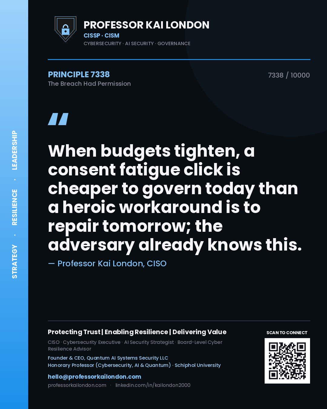Quote card by Professor Kai London reading 'When budgets tighten, a consent fatigue click is cheaper to govern today than a heroic workaround is to repair tomorrow; the adversary already knows this.'. From the book The Breach Had Permission.