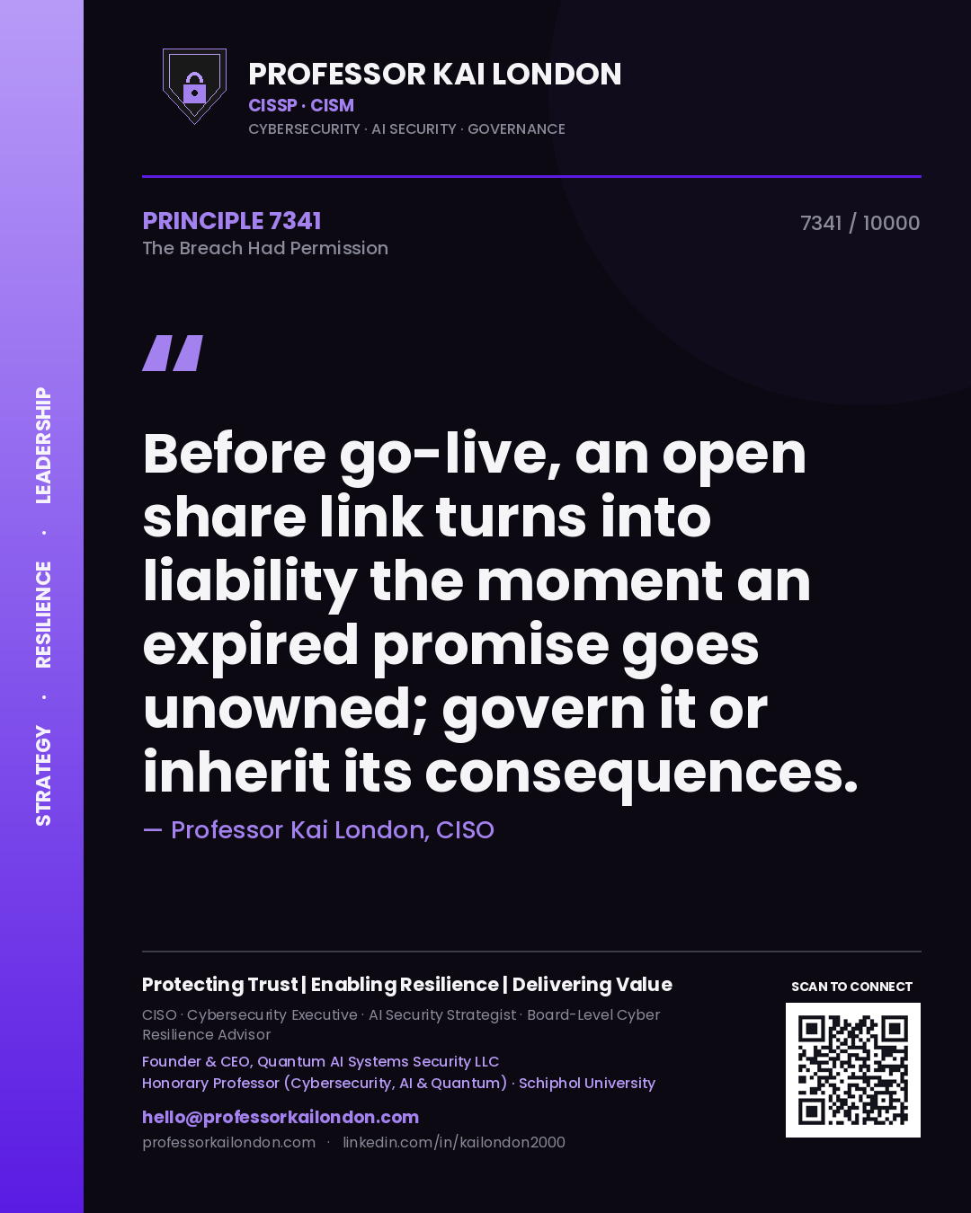 Quote card by Professor Kai London reading 'Before go-live, an open share link turns into liability the moment an expired promise goes unowned; govern it or inherit its consequences.'. From the book The Breach Had Permission.