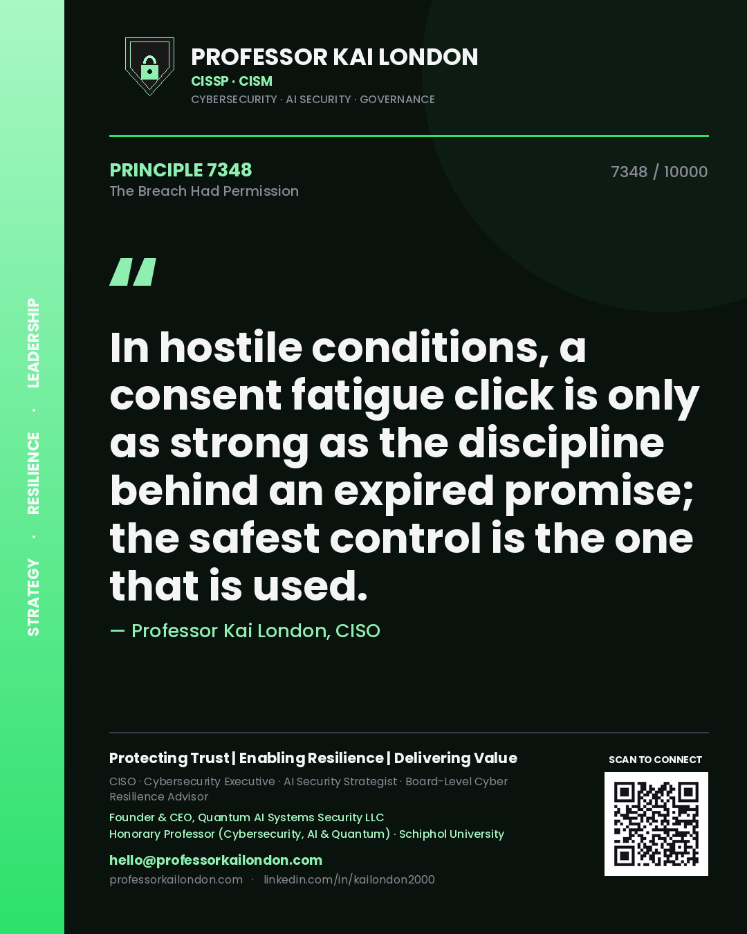 Quote card by Professor Kai London reading 'In hostile conditions, a consent fatigue click is only as strong as the discipline behind an expired promise; the safest control is the one that is used.'. From the book The Breach Had Permission.