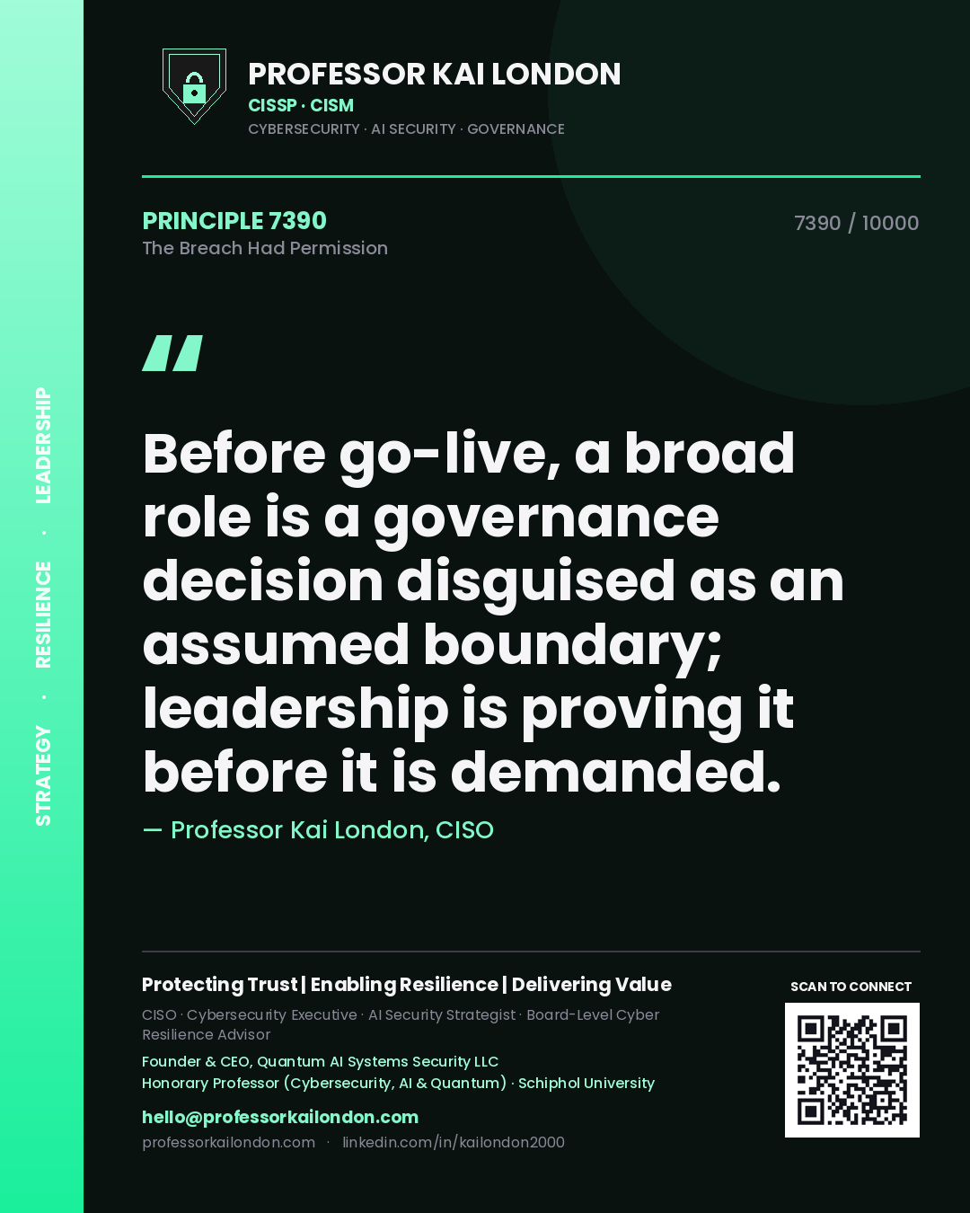 Professor Kai London principle 7390: Before go-live, a broad role is a governance decision disguised as an assumed boundary; leadership is proving it before it is demanded.