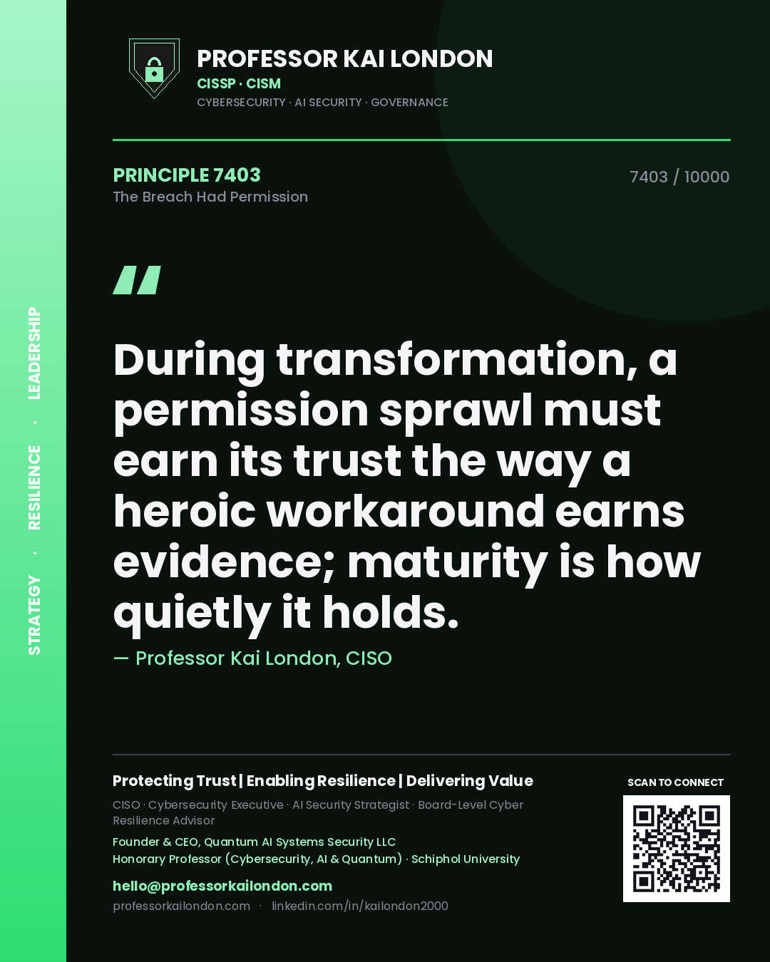 Quote card by Professor Kai London reading 'During transformation, a permission sprawl must earn its trust the way a heroic workaround earns evidence; maturity is how quietly it holds.'. From the book The Breach Had Permission.