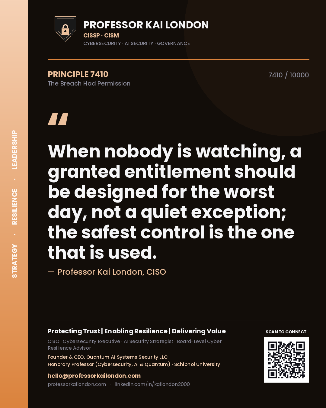Quote card by Professor Kai London reading 'When nobody is watching, a granted entitlement should be designed for the worst day, not a quiet exception; the safest control is the one that is used.'. From the book The Breach Had Permission.