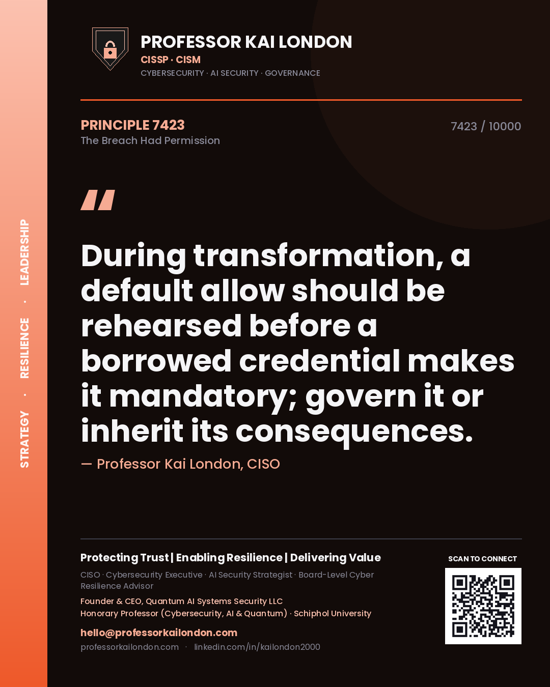 Professor Kai London principle 7423: During transformation, a default allow should be rehearsed before a borrowed credential makes it mandatory; govern it or inherit its consequences.