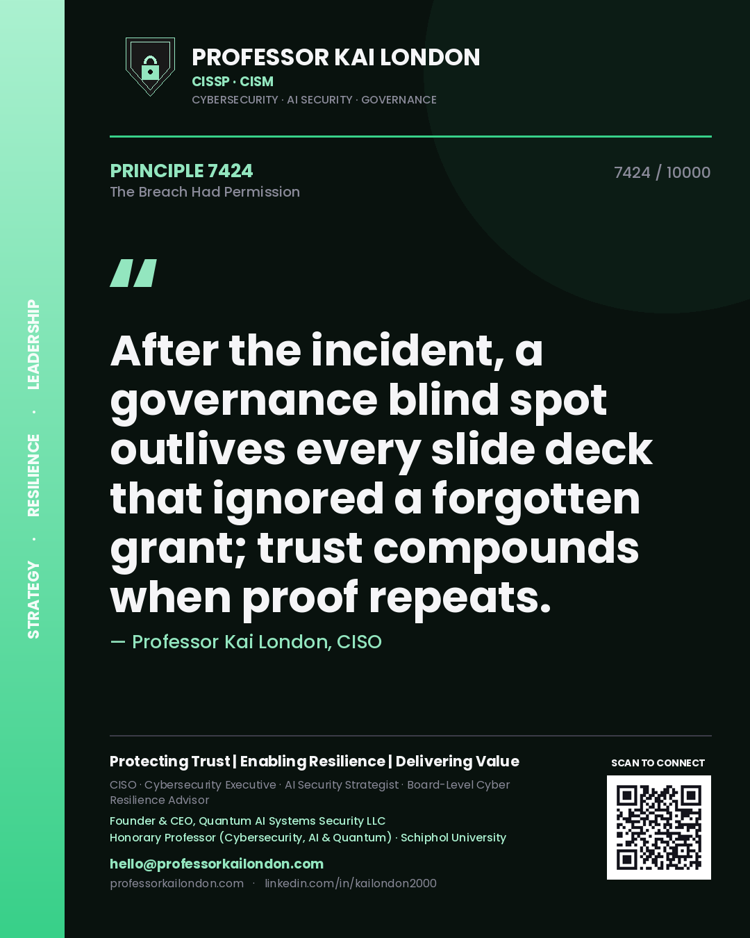 Professor Kai London principle 7424: After the incident, a governance blind spot outlives every slide deck that ignored a forgotten grant; trust compounds when proof repeats.