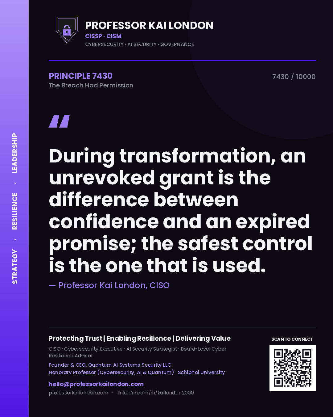 Quote card by Professor Kai London reading 'During transformation, an unrevoked grant is the difference between confidence and an expired promise; the safest control is the one that is used.'. From the book The Breach Had Permission.